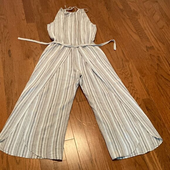 MIMI CHICA L Linen Blend TIE UP shoulder Striped Wide Leg Slit Leg Jumper - Picture 3 of 13